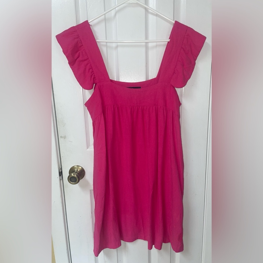 Tuckernuck Pomander Place Dress Medium Linen Blend Flutter Sleeve Ruffled Pink - Picture 3 of 13